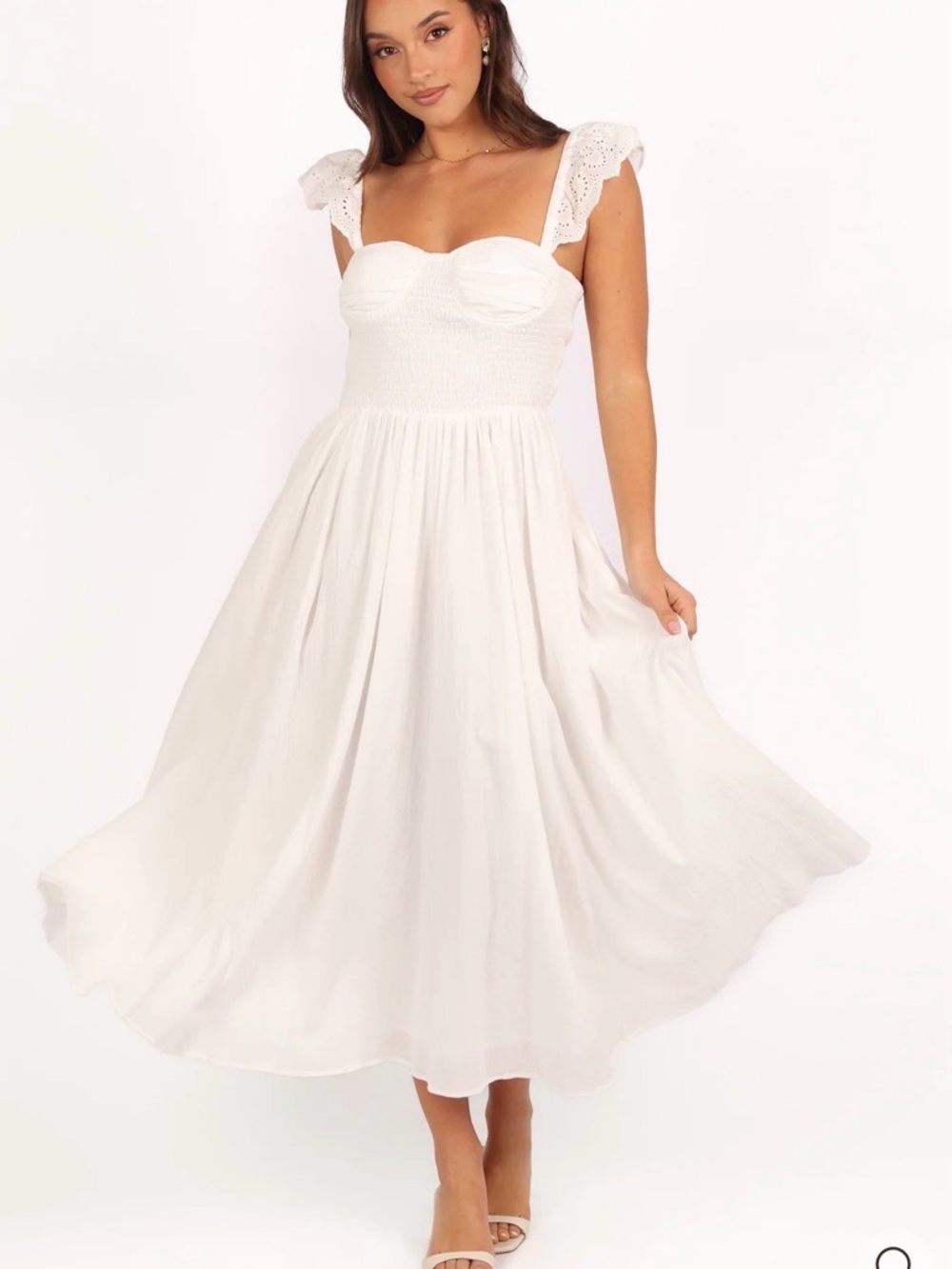 White Eyelet Strap Midi Dress with Shirred Bodice